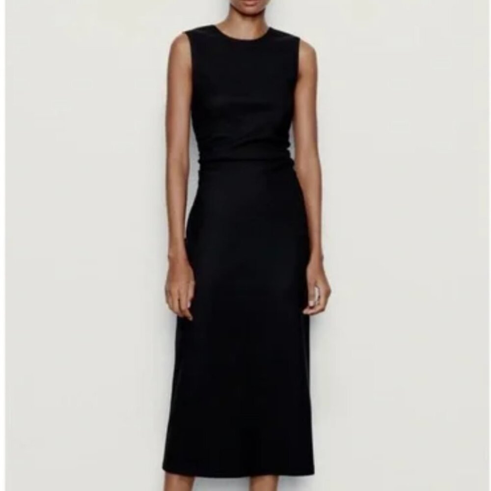 NWT. Zara Black Draped Side Fitted Midi Dress. Size M.